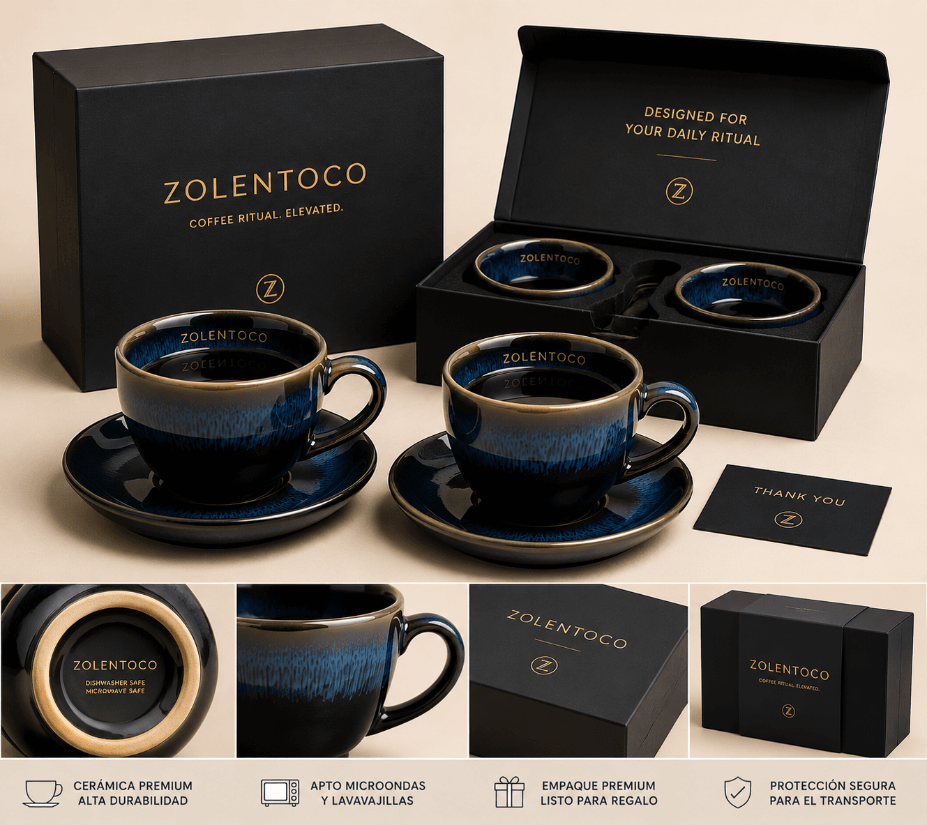 Directional concept for the ZOLENTOCO Signature Coffee Set, with two dark ceramic cups, saucers and premium presentation box